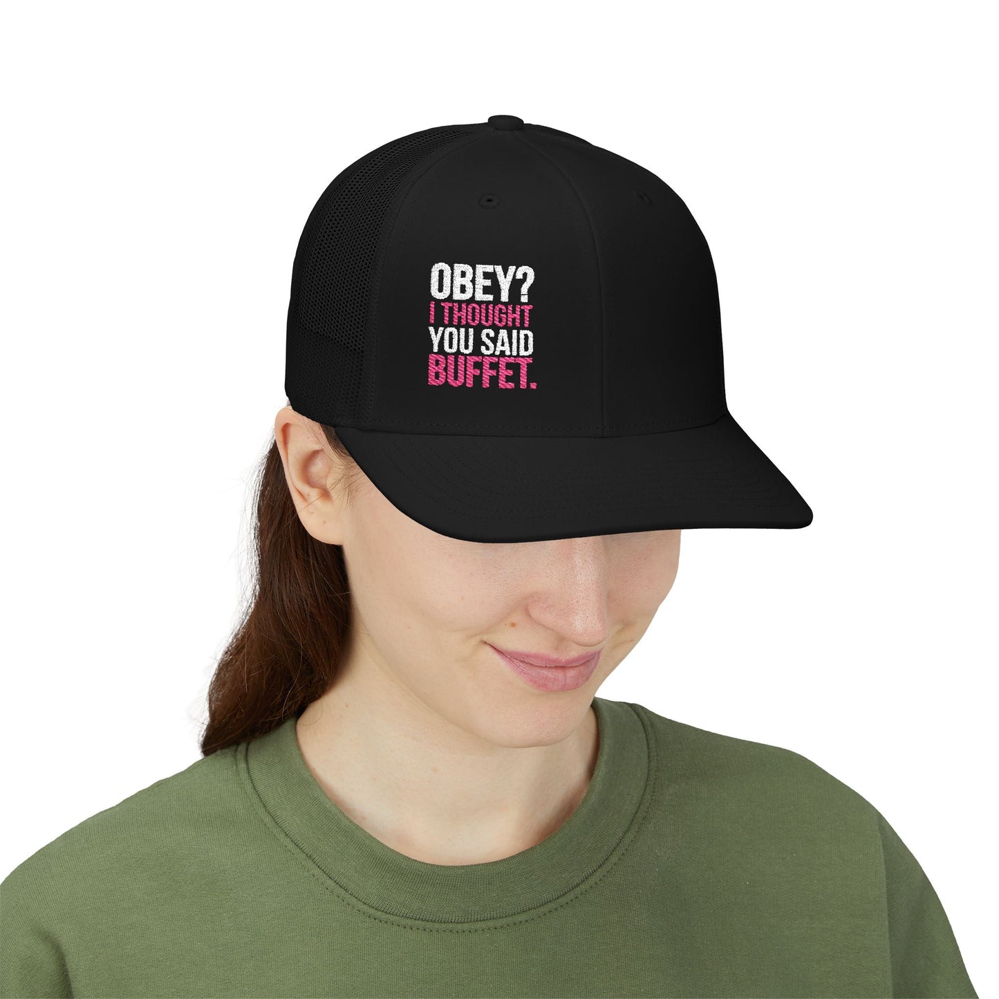 Embroidered Snapback Cap - Funny “Obey? I Thought You Said Buffet” Trucker Hat